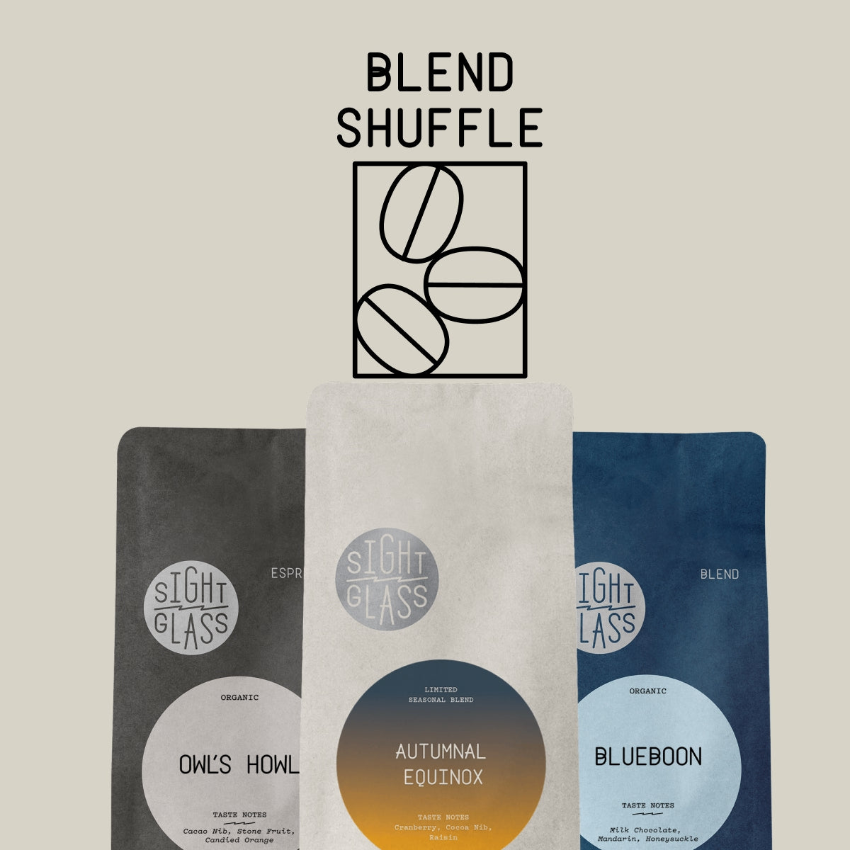 Three Sight Glass coffee bags in different colors (gray, off-white, and blue) are arranged in a row against a beige background, with the text 'BLEND SHUFFLE' and a coffee bean graphic above them.